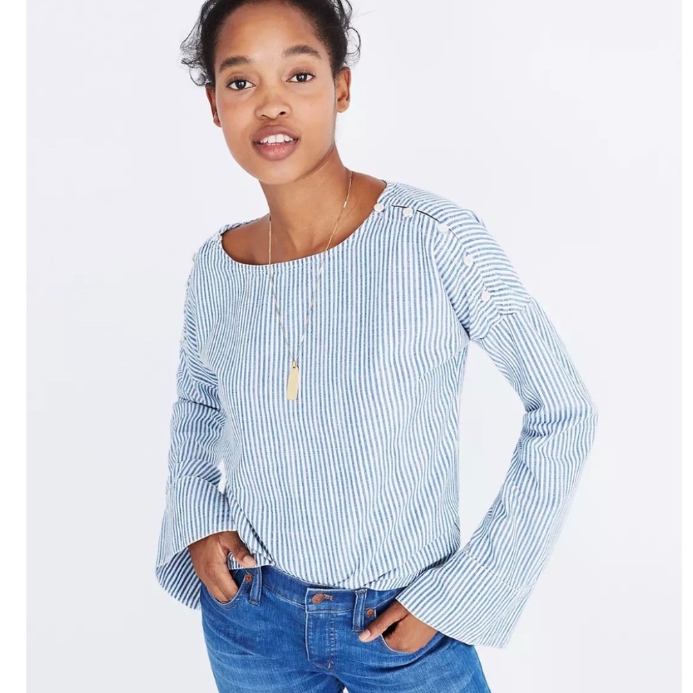 Madewell Convertible Cold Shoulder Top in Chambray Stripe